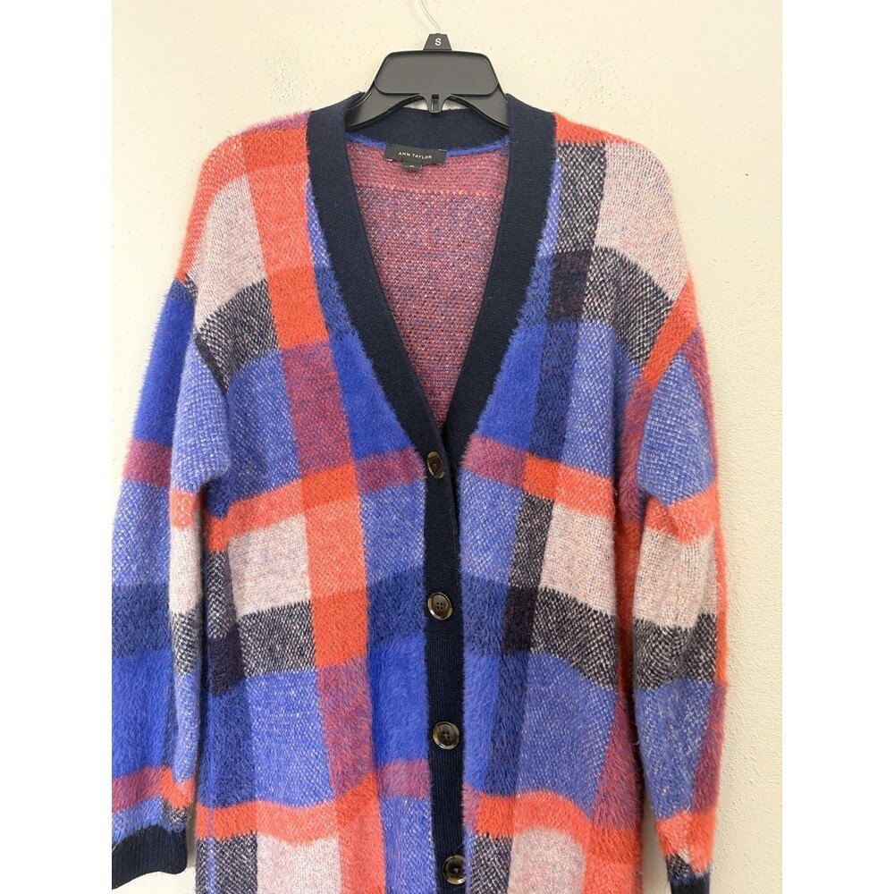 Ann Taylor Duster Cardigan Sweater Sz XS Plaid Long Boyfriend Button Purple - Picture 3 of 9